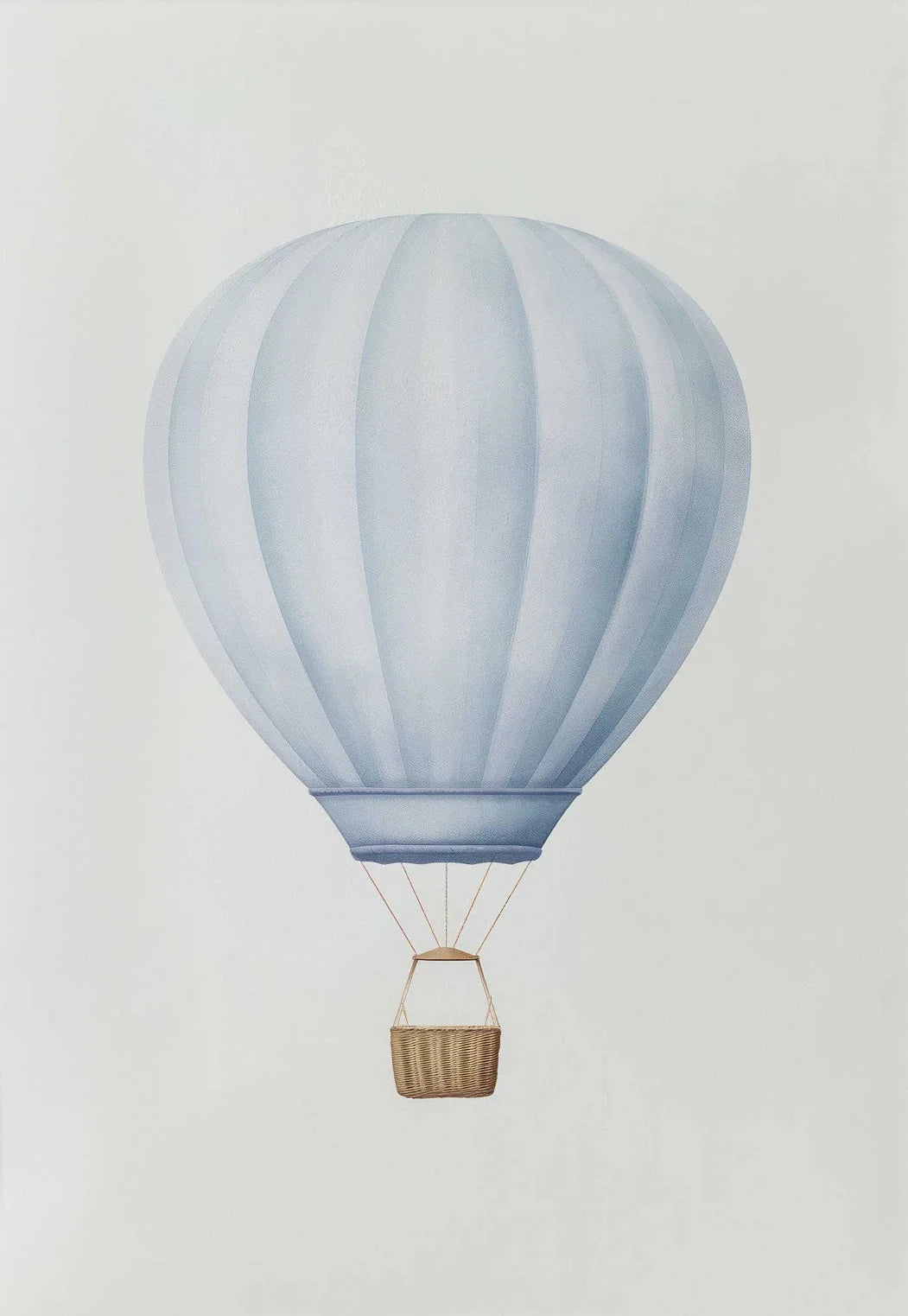 Blue hot air balloon with a wicker basket on a light gray background
