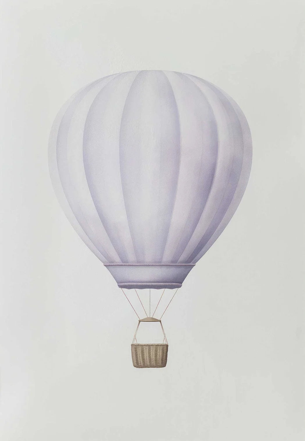 Lavender hot air balloon with a wicker basket on a light gray background