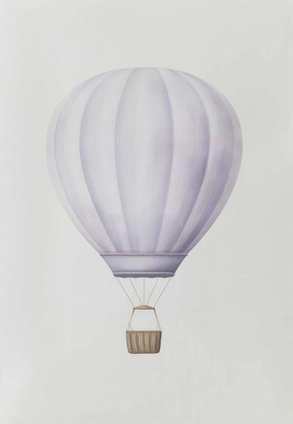 Lavender hot air balloon with a wicker basket on a light gray background