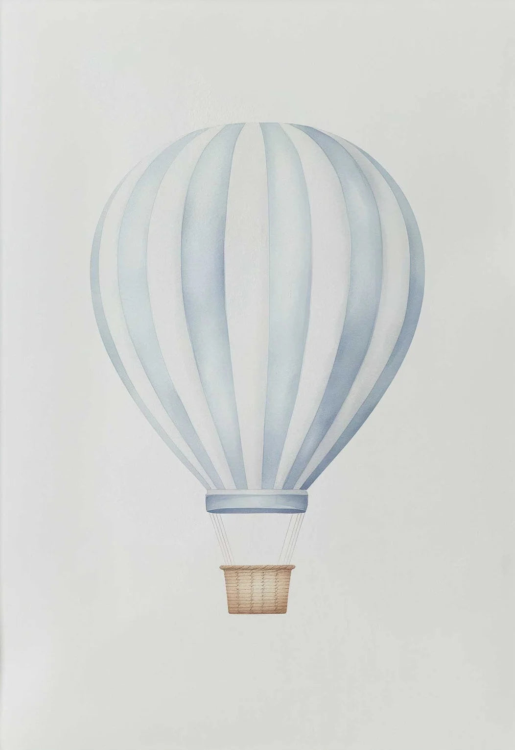 Illustration of a hot air balloon with blue and white stripes on a light gray background