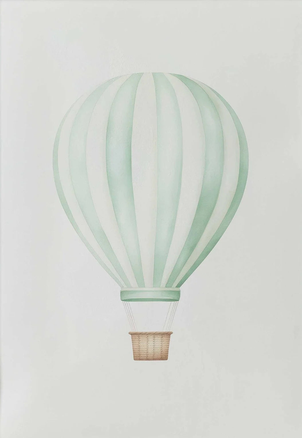 Illustration of a hot air balloon with green and white stripes on a light gray background