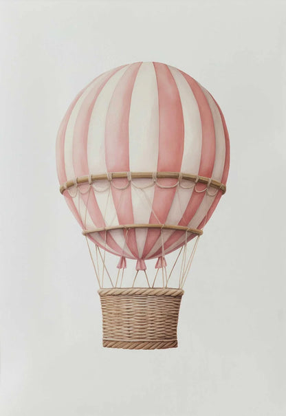 Pink and white striped hot air balloon with a wicker basket on a light gray background