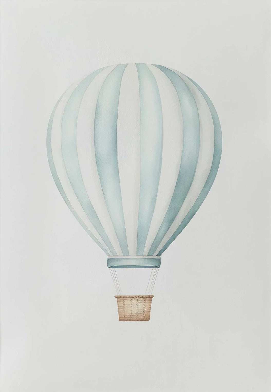 Illustration of a hot air balloon with blue and white stripes on a light gray background