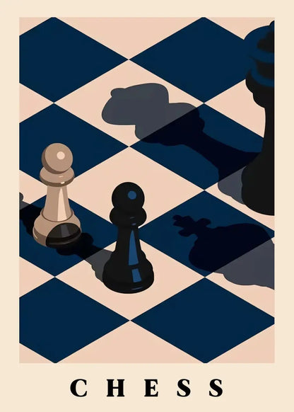 Chess pieces on a checkered board with 'CHESS' text