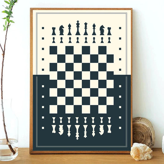 Framed chess poster with black and white pieces on a checkered board design, placed on a wooden surface. Canvas & Curio