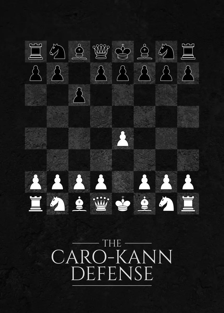Chessboard with pieces arranged for Caro-Kann Defense on a black background