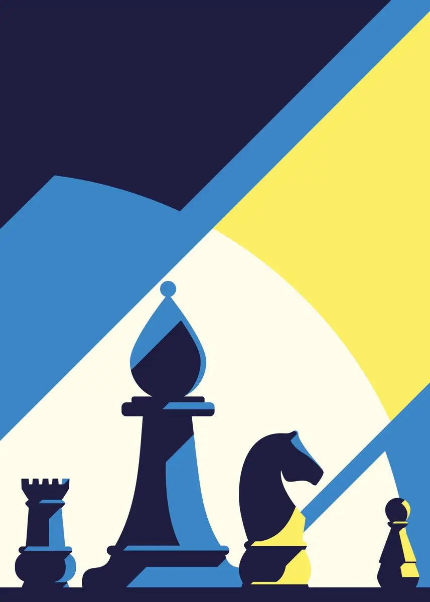 Chess pieces on a geometric abstract background with blue, yellow, and white colors.