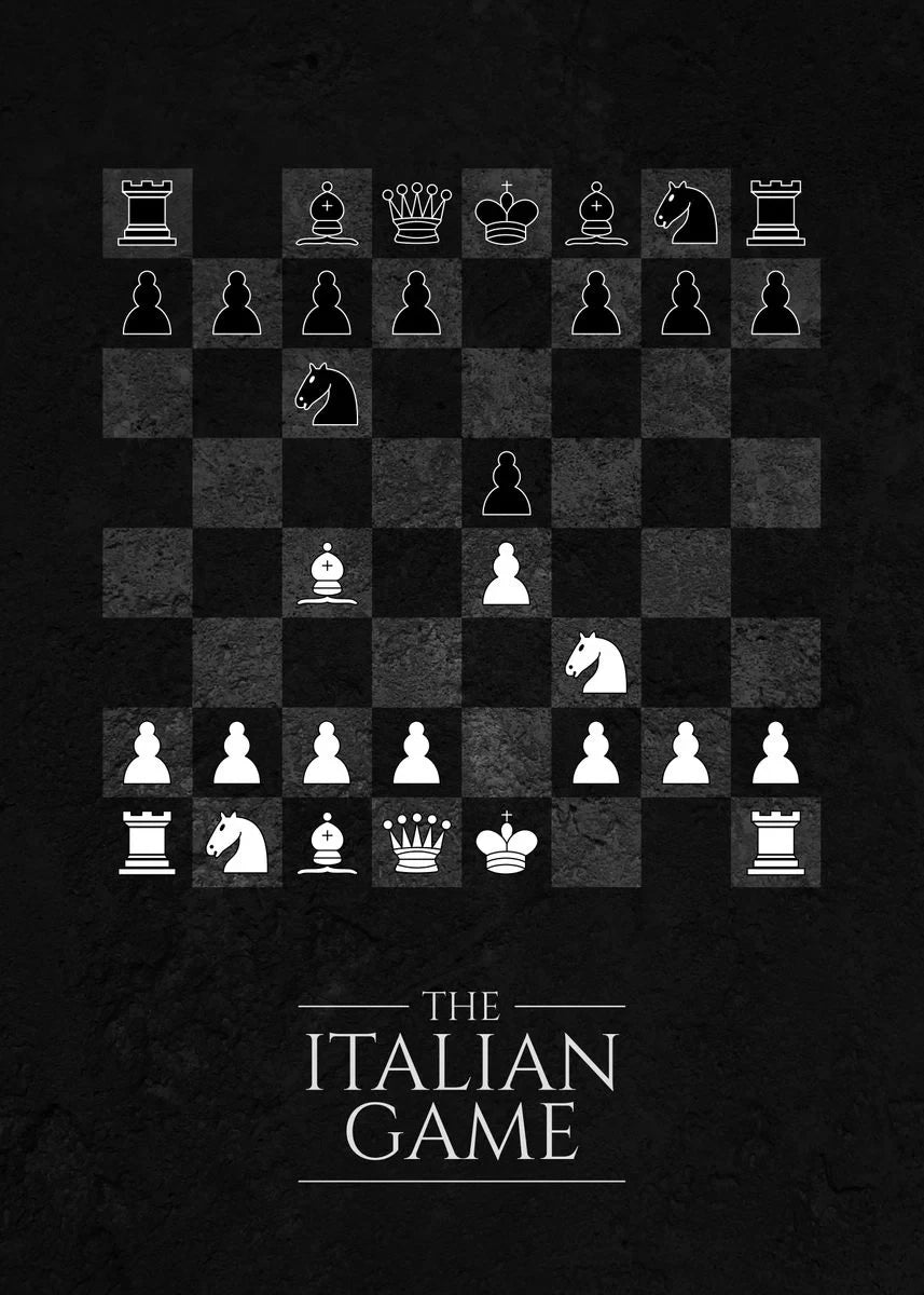 Chessboard with pieces arranged for 'The Italian Game' on a black background