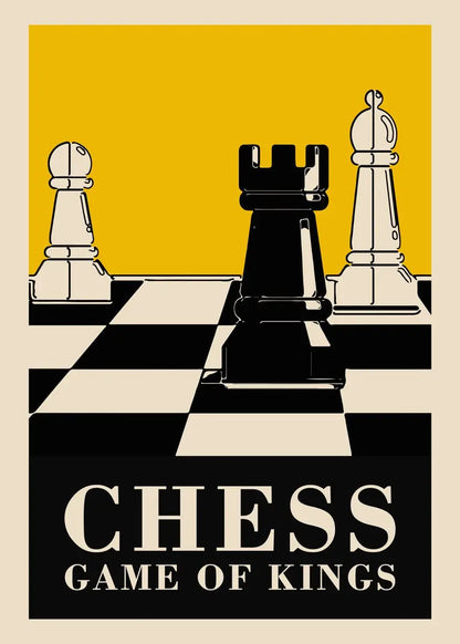 Chess poster with large black chess piece in the center, flanked by two white pieces on a yellow and black checkered background.