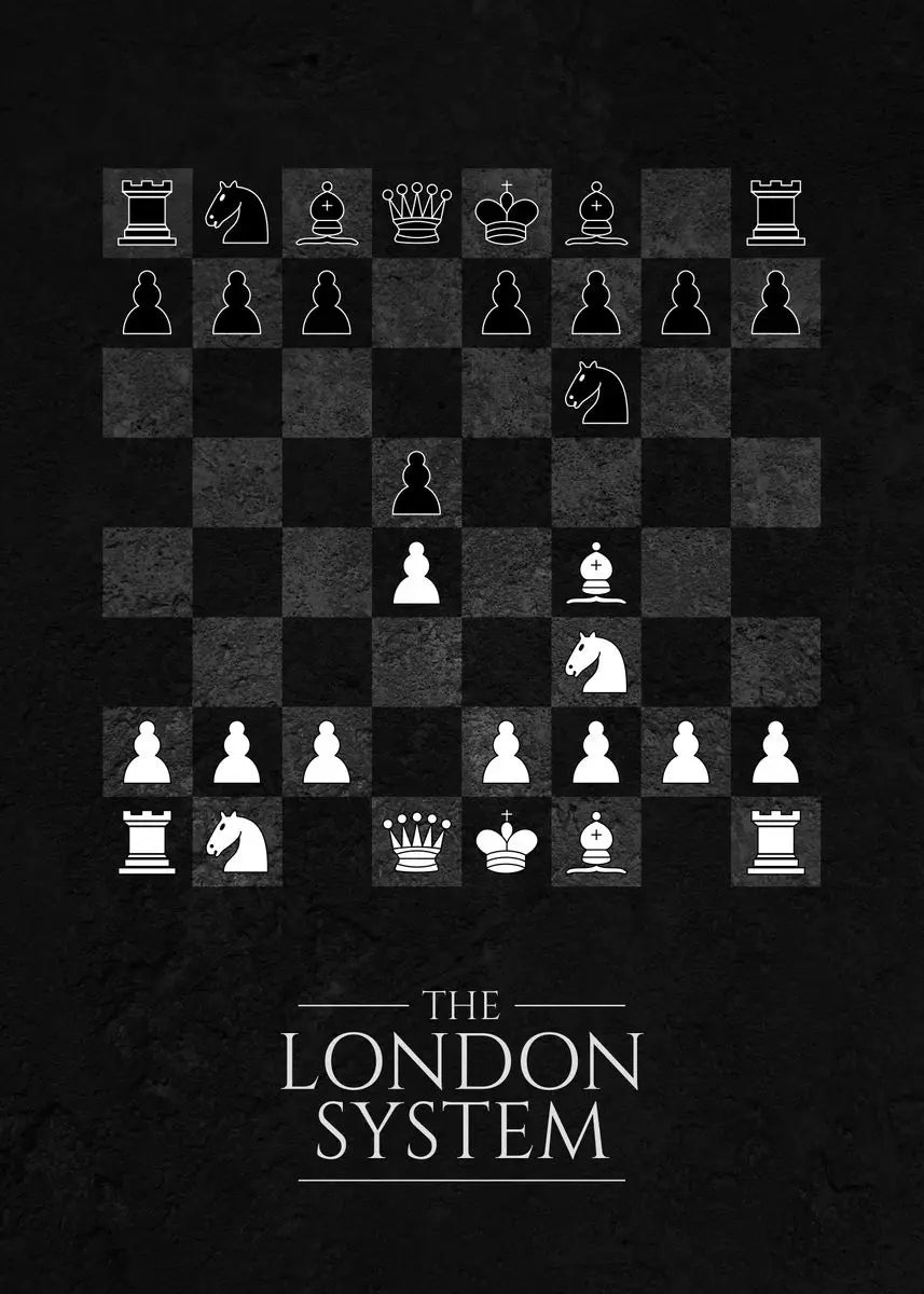 Chessboard with pieces arranged according to 'The London System' on a black background
