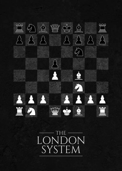 Chessboard with pieces arranged according to 'The London System' on a black background
