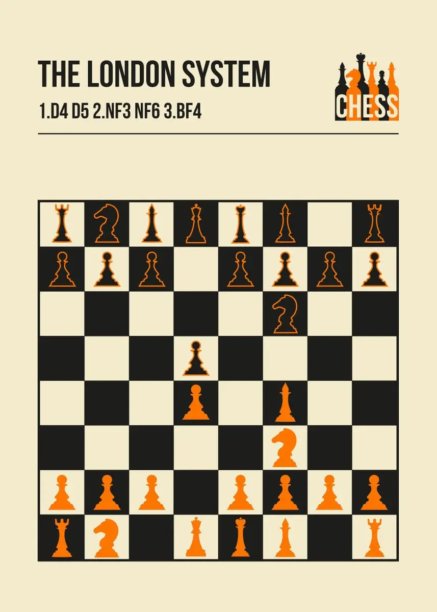 Chessboard with pieces set up for a game, featuring 'The London System' text and chess logo.