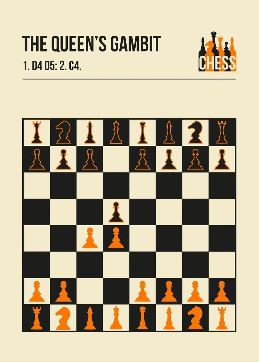 Chessboard with pieces set for 'The Queen's Gambit' move sequence on a beige background.