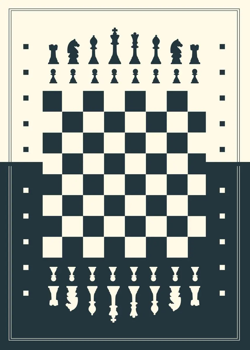 Chessboard with black and white pieces on a checkered pattern