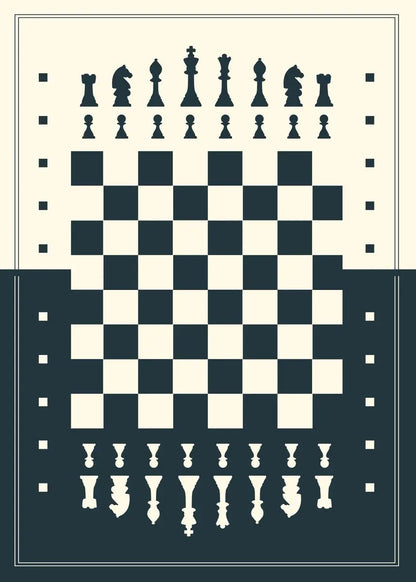 Chessboard with black and white pieces on a checkered pattern