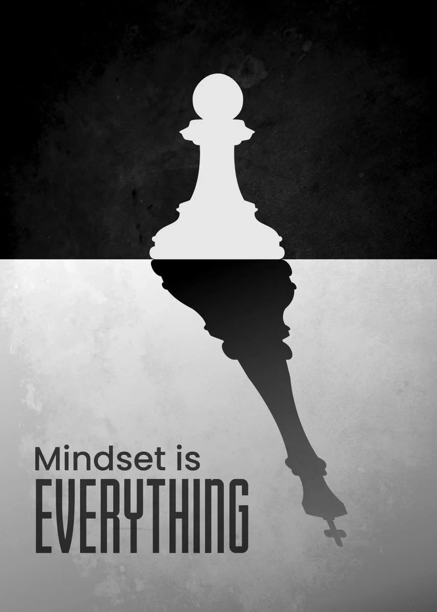 White chess piece on a black and gray gradient background with 'Mindset is Everything' text.
