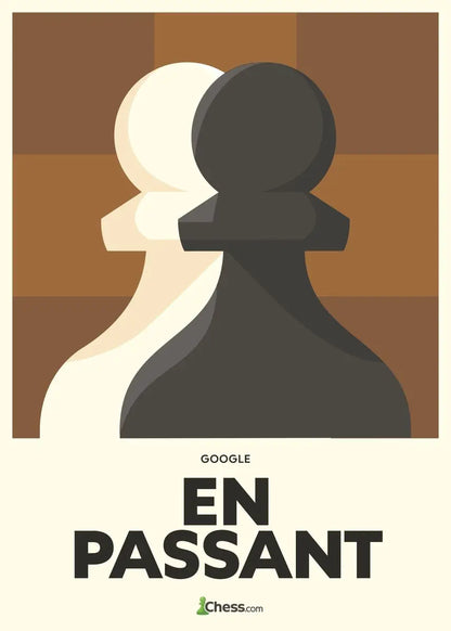Artistic depiction of a chess piece with a human silhouette, featuring the text 'En Passant' and 'Google Chess.com'.