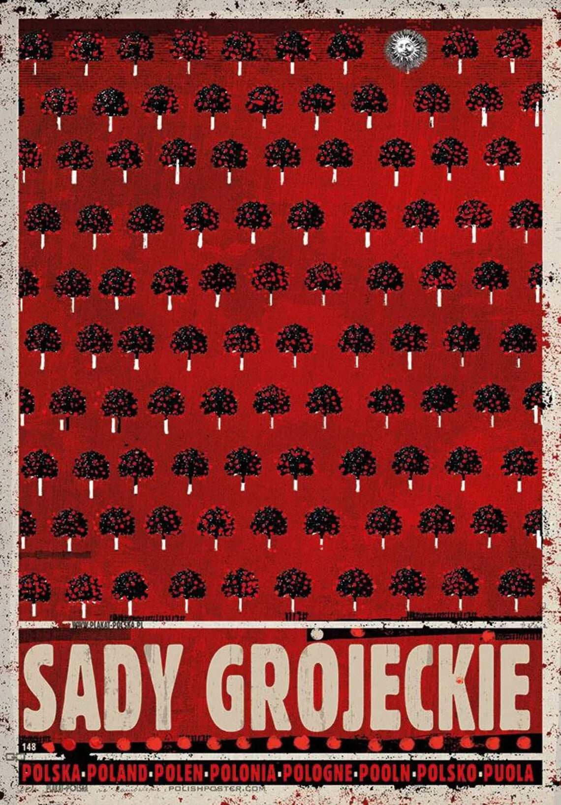 Vintage-style poster with black tree pattern on a red background and 'Sady Grojeckie' text.