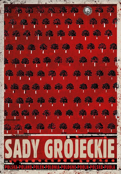 Vintage-style poster with black tree pattern on a red background and 'Sady Grojeckie' text.