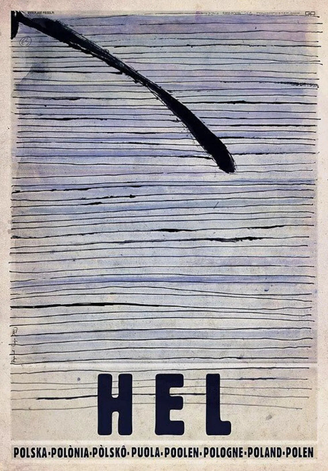 Poster with wavy blue lines and the word 'HEL' at the bottom