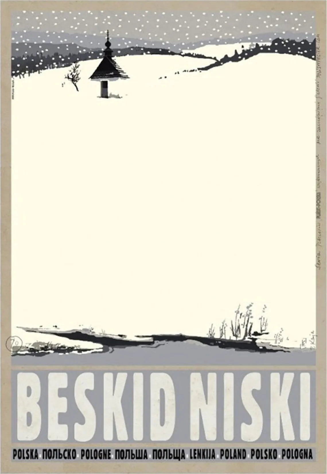 Vintage-style poster of a snowy landscape with a mountain hut, featuring the text 'Beskid Niski' and 'Poland'.