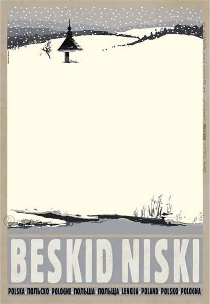 Vintage-style poster of a snowy landscape with a mountain hut, featuring the text 'Beskid Niski' and 'Poland'.