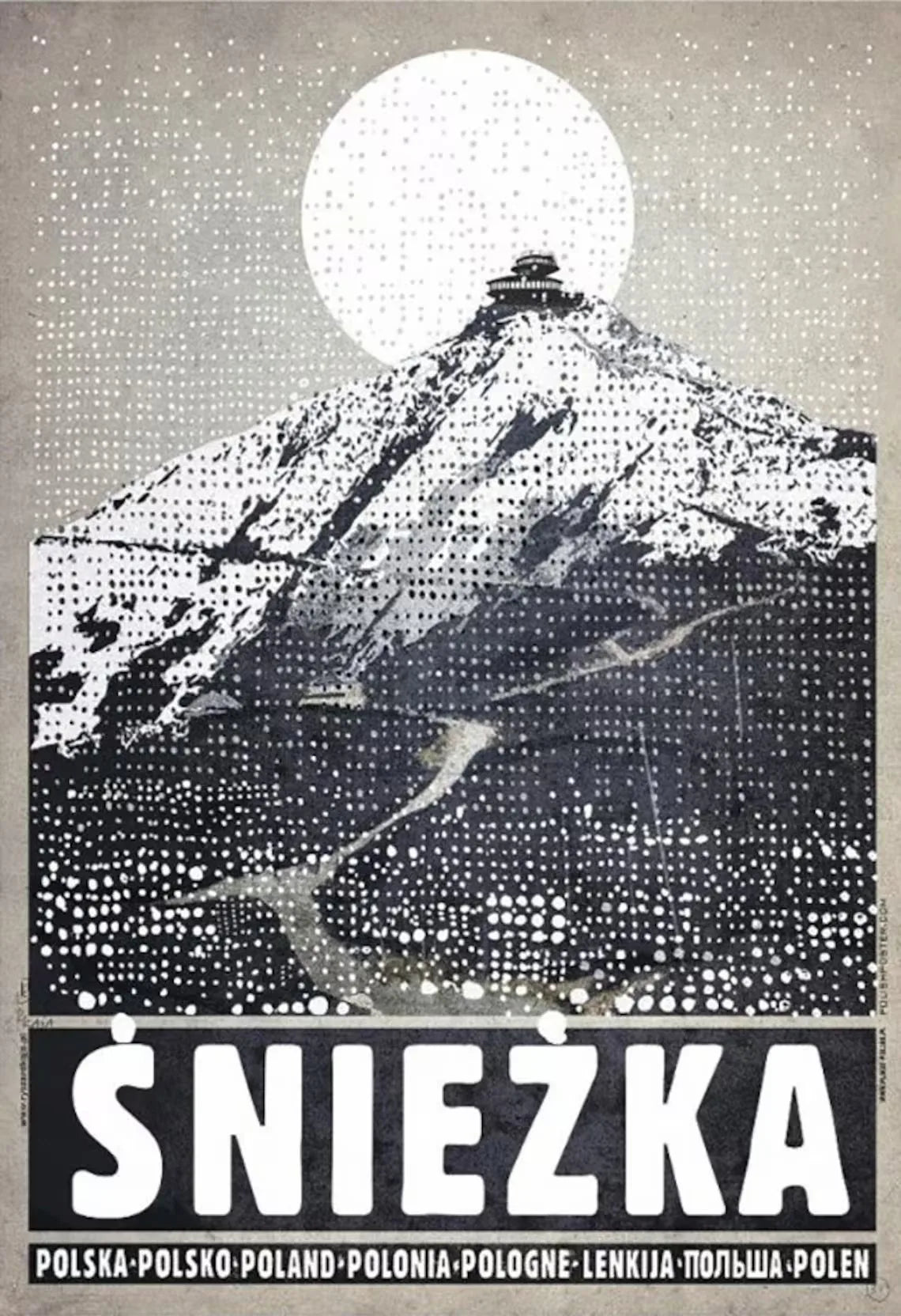 Mountain peak with a full moon and text 'Sniezka' at the bottom
