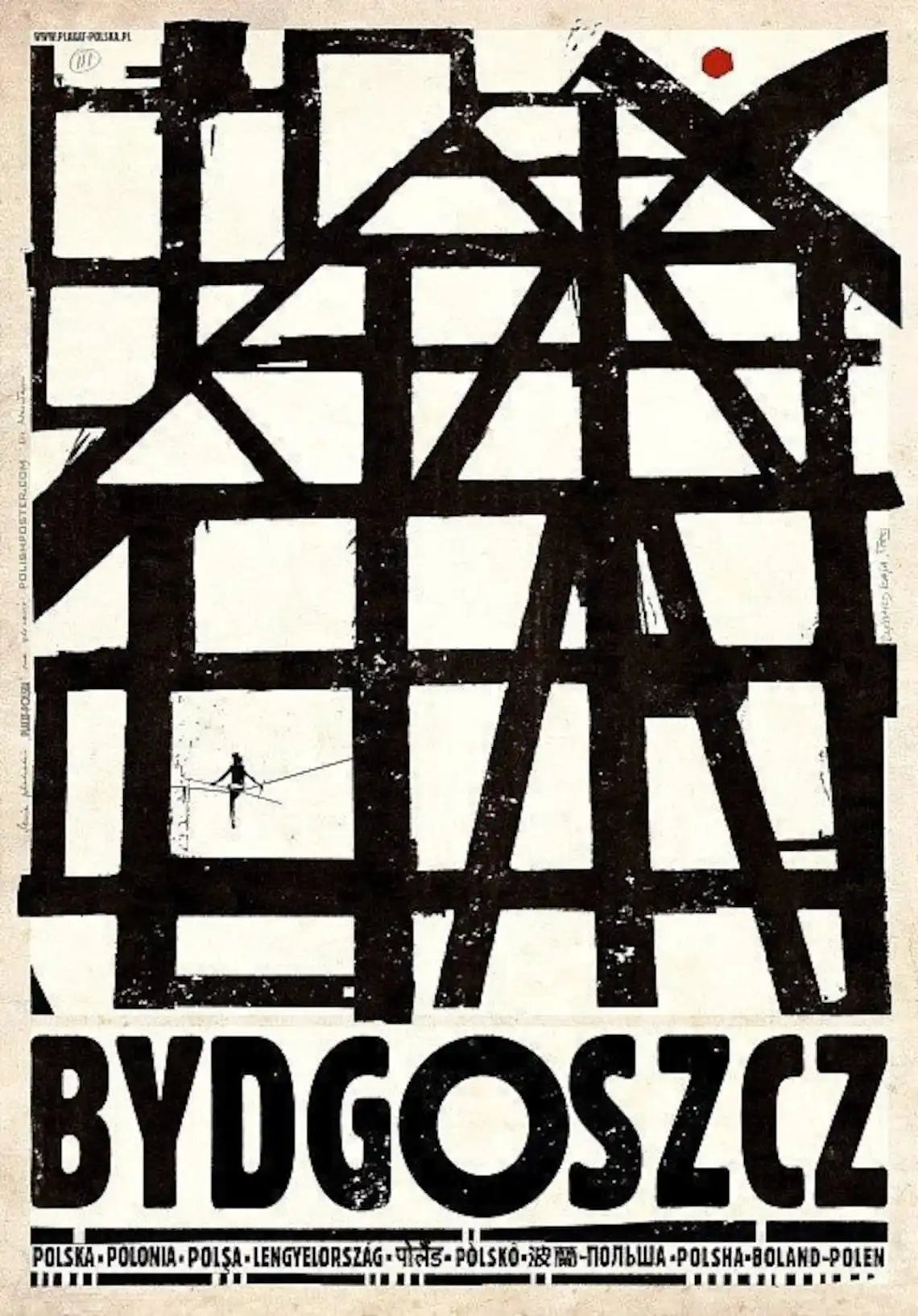 Abstract art poster with geometric shapes and text 'BYDGOSZCZ' on a white background