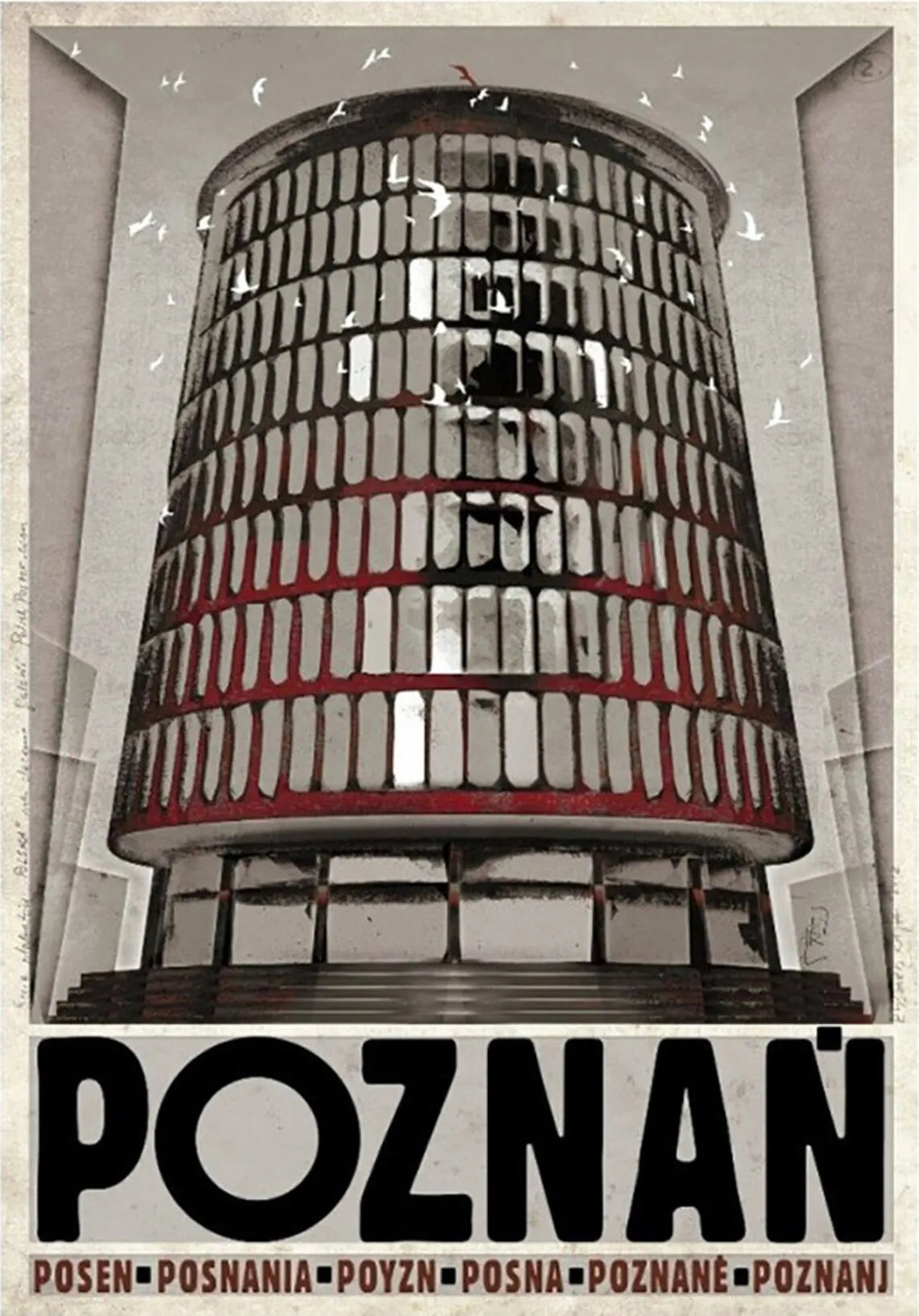 Modern cylindrical building with reflective surface, labeled 'Poznan' at the bottom.