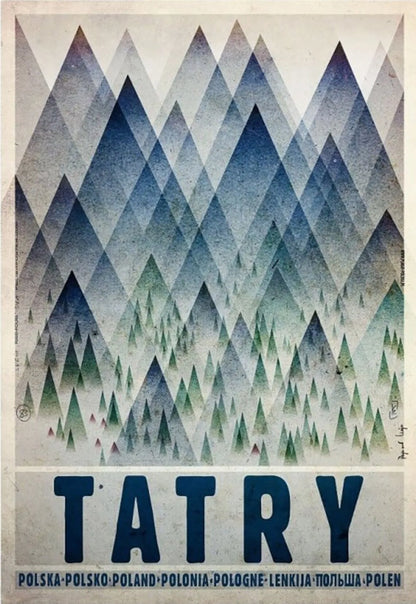Geometric mountain pattern with 'TATRY' text at the bottom