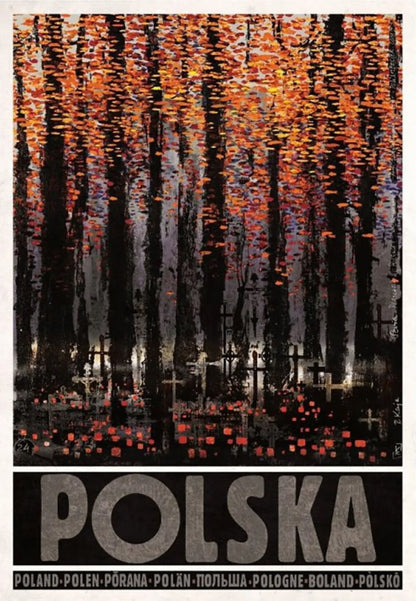Artistic depiction of a cityscape with 'Polska' at the bottom