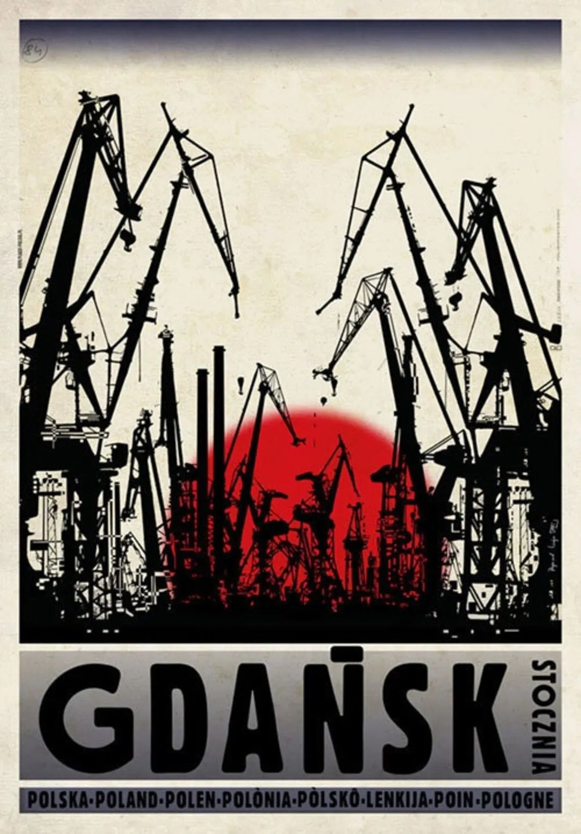 Vintage-style poster of cranes with a red sun and 'Gdansk' text.