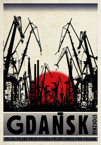 Vintage-style poster of cranes with a red sun and 'Gdansk' text.