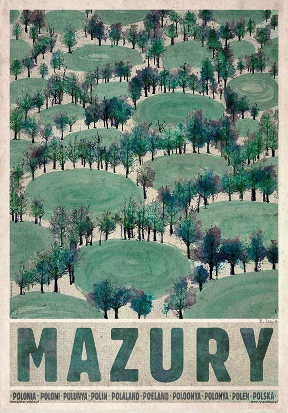 A stylized map of Mazury with green fields and trees, featuring the word 'Mazury' at the bottom.