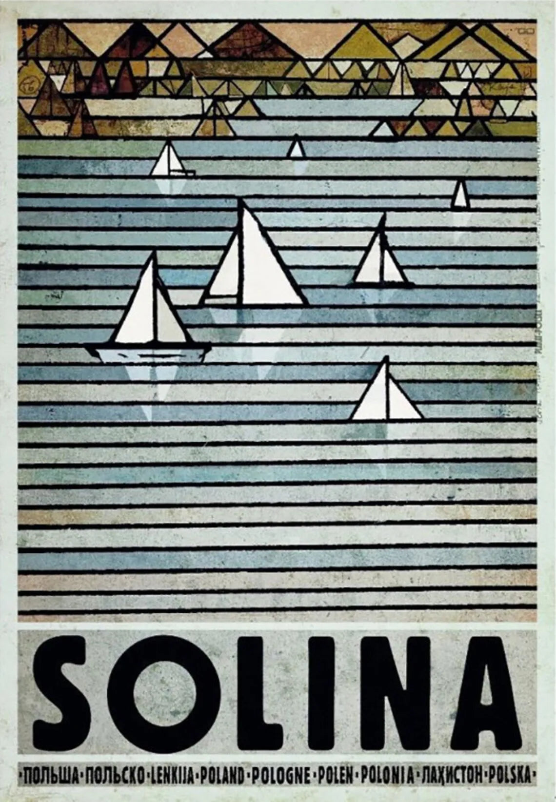 Artistic depiction of sailboats on water with geometric patterns and 'SOLINA' branding.