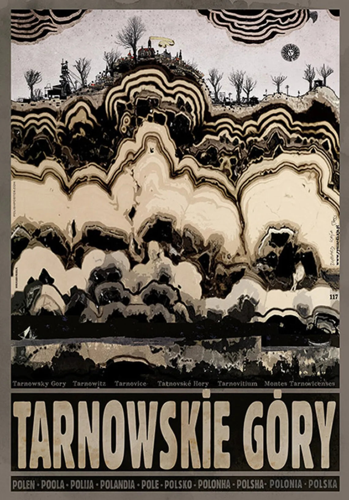 Vintage-style poster of Tarnowskie Góry with abstract design elements.