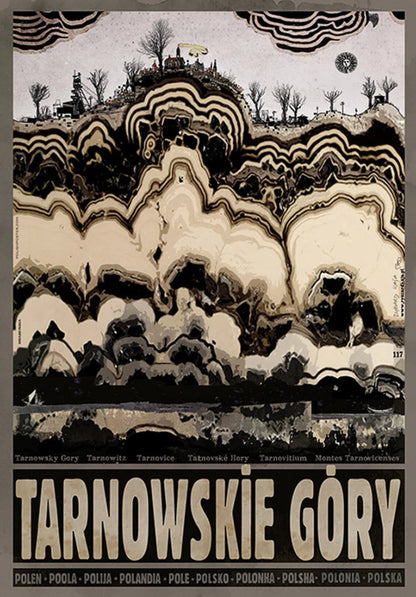 Vintage-style poster of Tarnowskie Góry with abstract design elements.