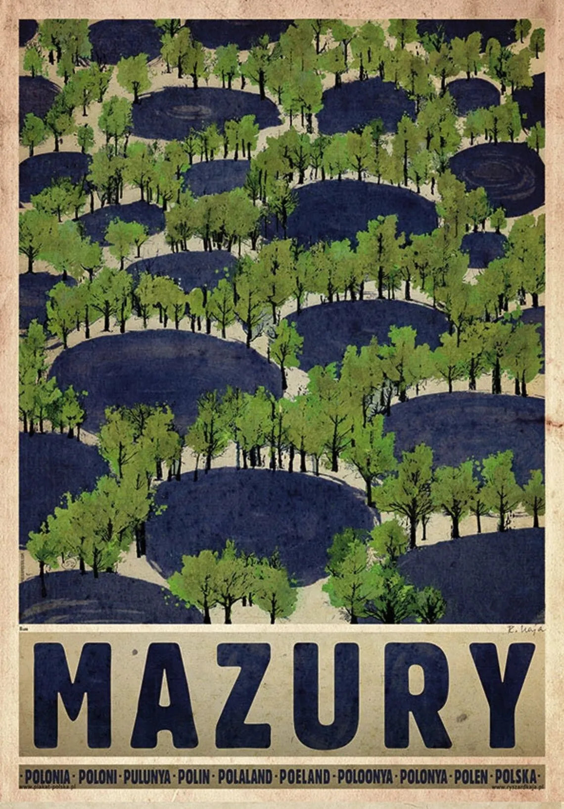Vintage-style poster of a forest with 'Mazury' text and repeating 'Poland' text at the bottom.