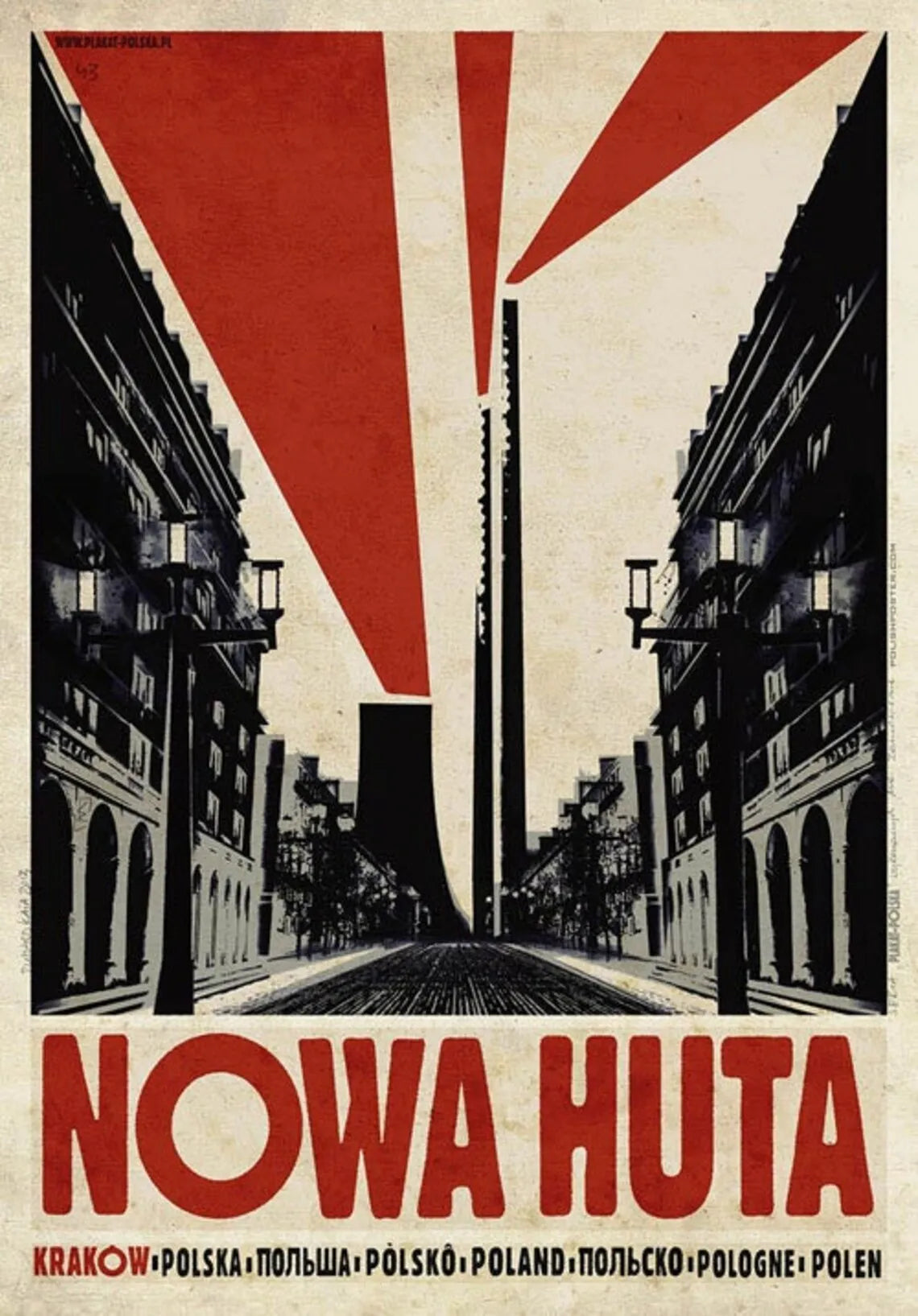Vintage-style poster of a city street with a large red triangle and 'NOWA HUTA' text.