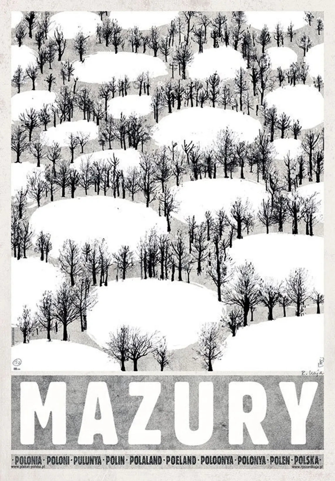 Winter landscape with snow-covered trees and the word 'Mazury' at the bottom.