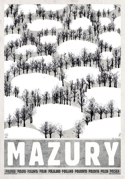 Winter landscape with snow-covered trees and the word 'Mazury' at the bottom.