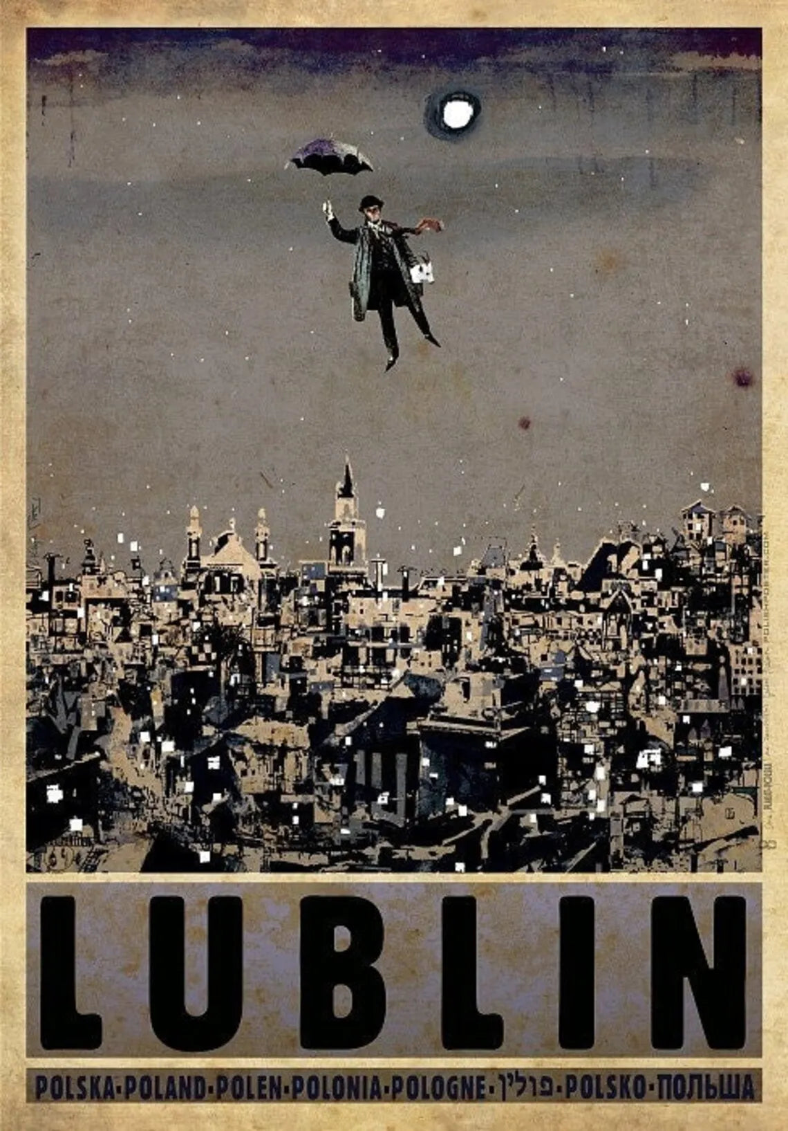 Vintage-style poster of a cityscape with a person flying over it, labeled 'Lublin'.