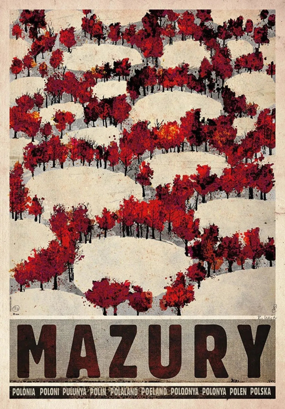Vintage-style poster with red trees and 'MAZURY' text on a beige background