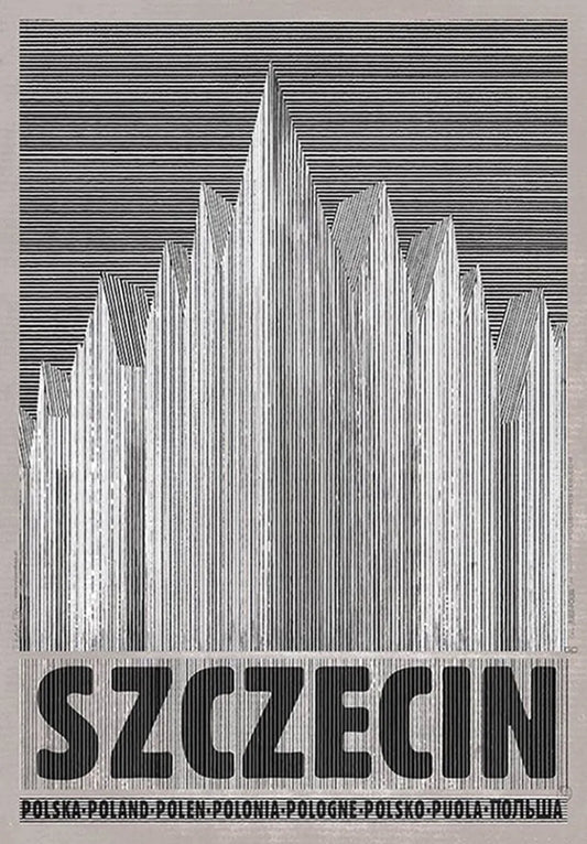 Artistic depiction of a cityscape with the word 'Szczecin' at the bottom. Canvas & Curio