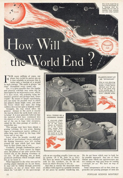 Illustration of a world ending scenario with text and images of people looking through telescopes.