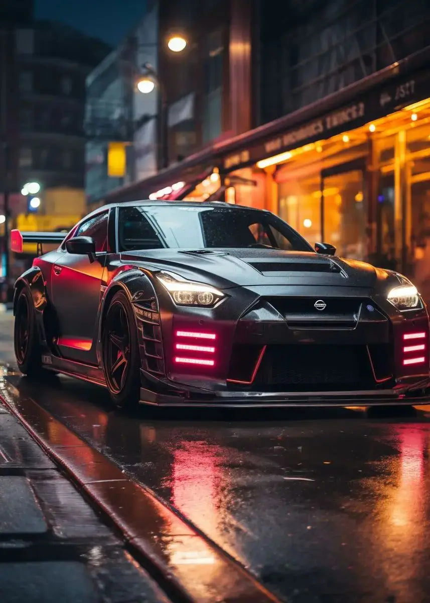 Black Nissan GT-R on a city street at night with wet pavement