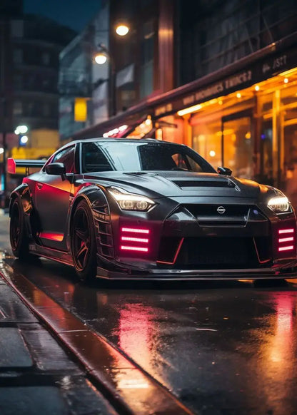 Black Nissan GT-R on a city street at night with wet pavement