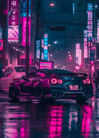 Black sports car on a neon-lit street at night
