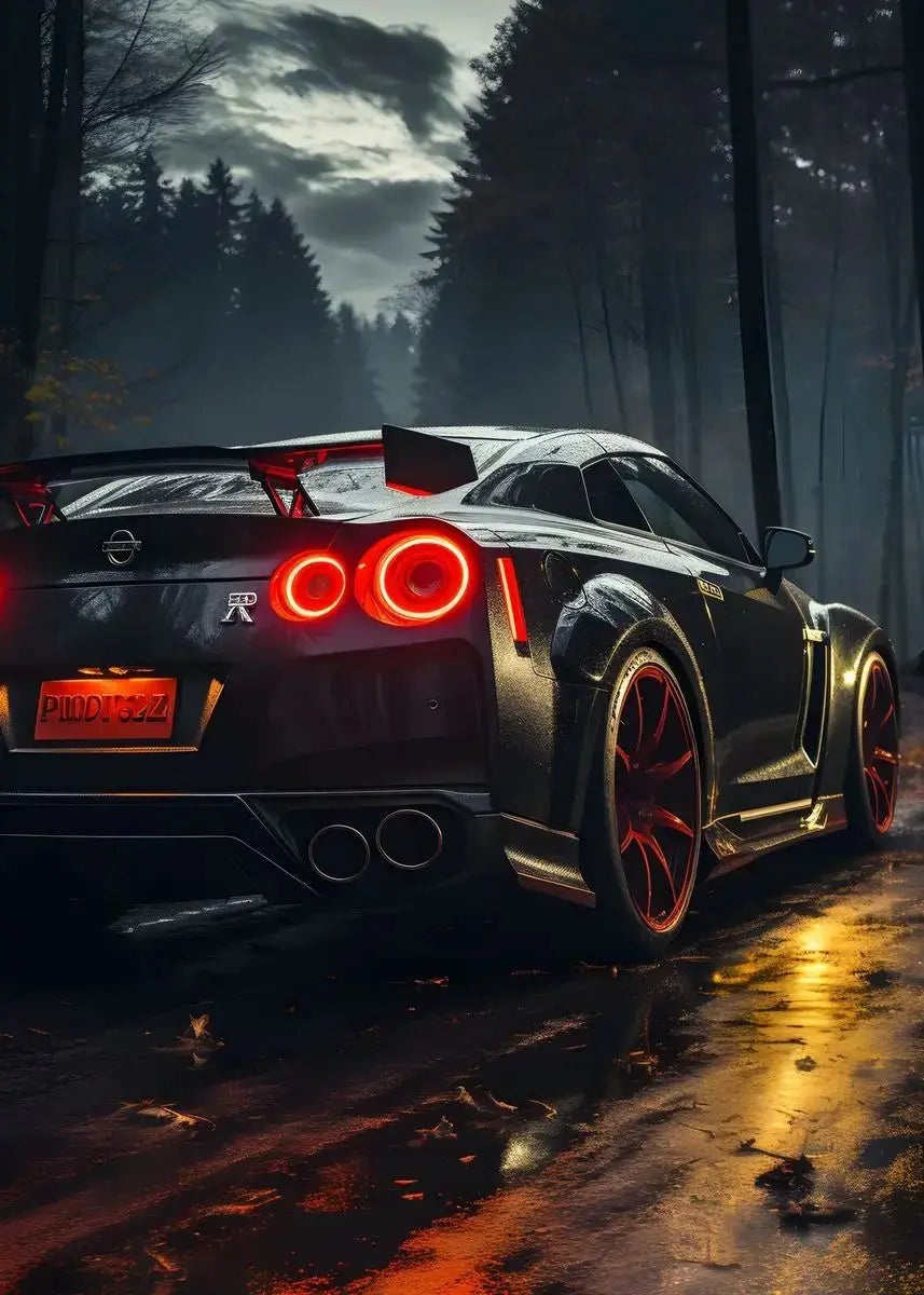 Black sports car with red taillights on a wet road at night