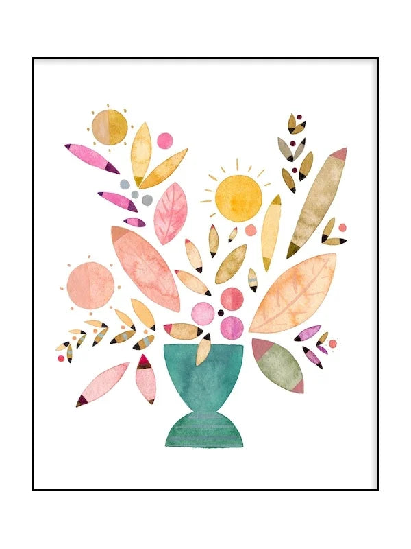 Colorful floral arrangement in a green vase on a white background